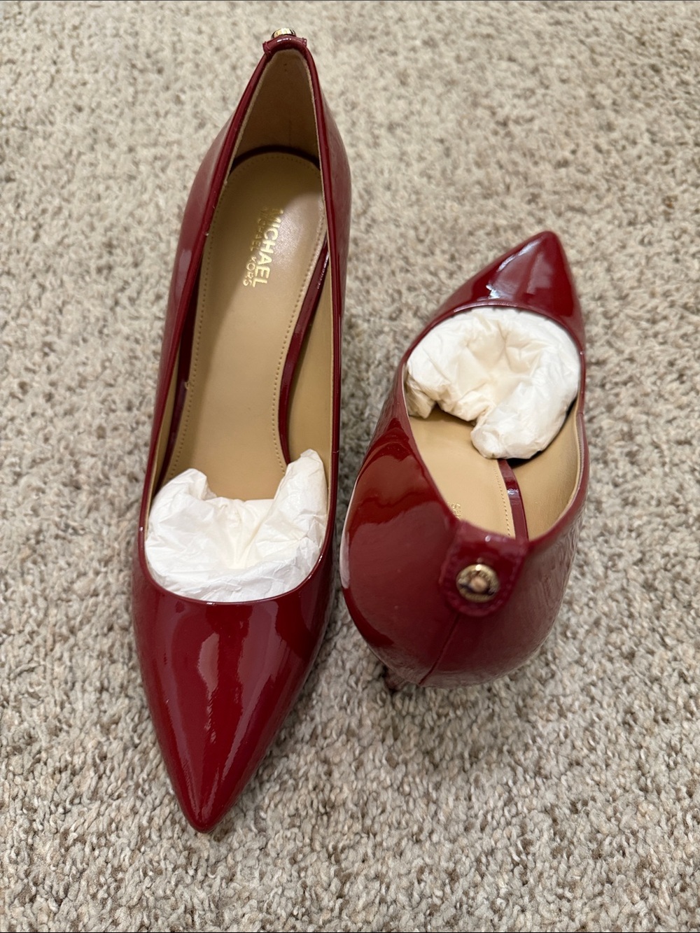 Michael Kors Glossy Red Pointed-Toe Patent Pumps with Gold Accent